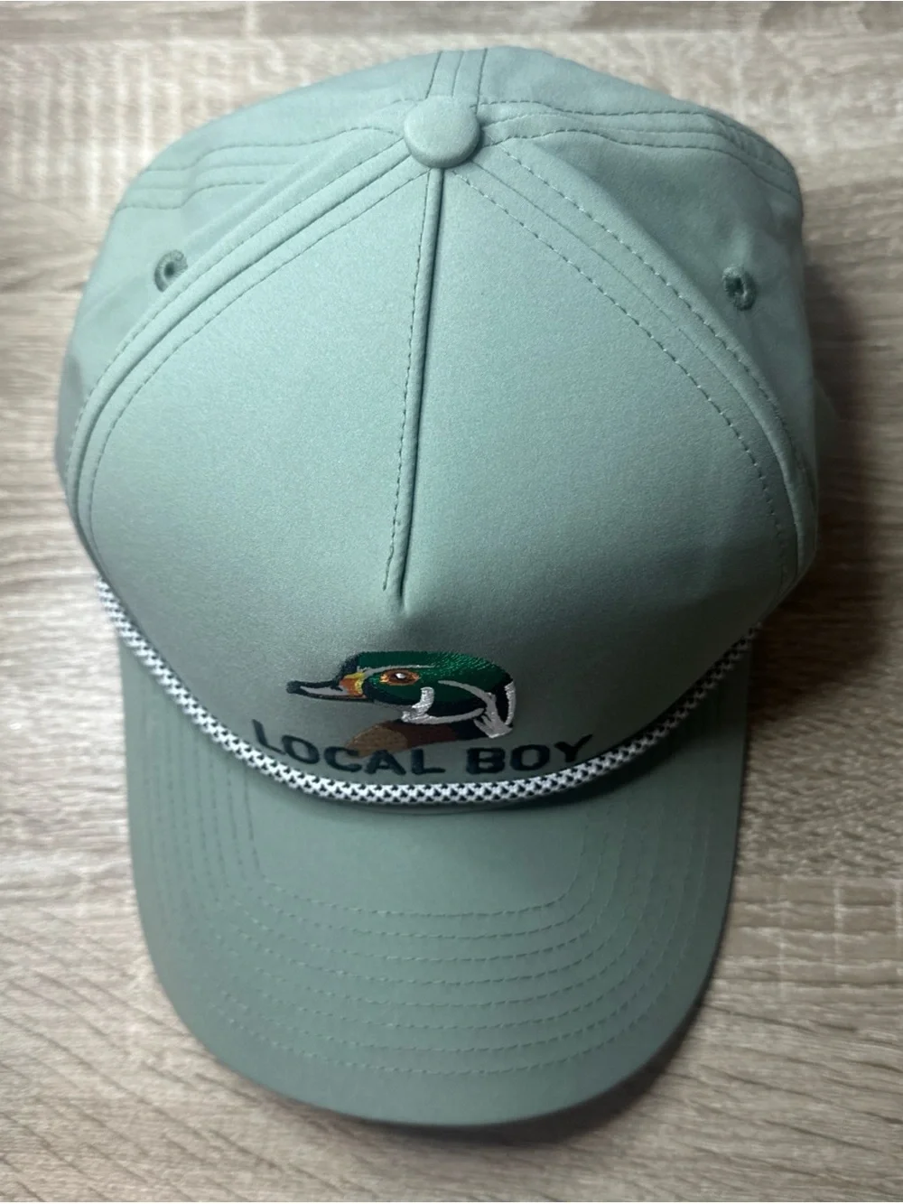 Local Boy Outfitters Mallard Duck Rope Hat loden green front rope trim NWOT